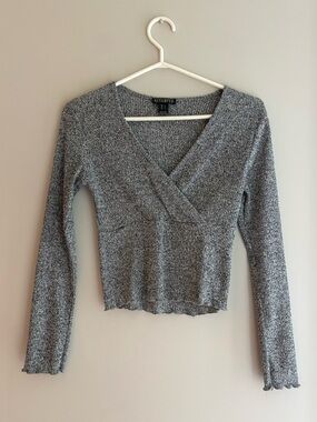 Revamped Heather Gray Ribbed Wrap V-Neck Cropped Top